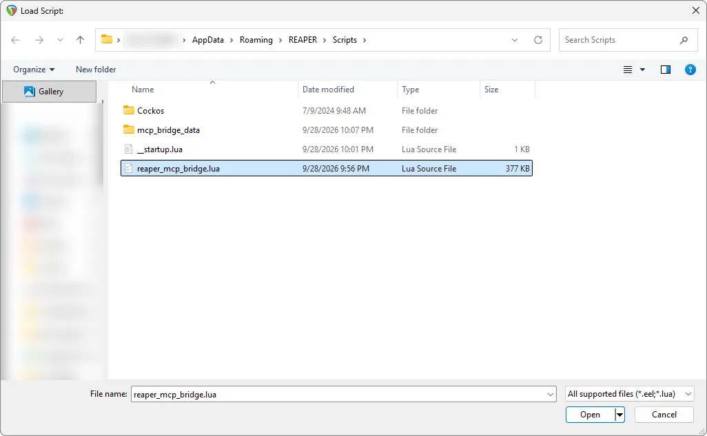 The Load Script dialog in REAPER's Scripts folder with reaper_mcp_bridge.lua selected