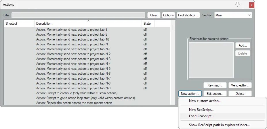 The action list with the New action menu open and Load ReaScript highlighted
