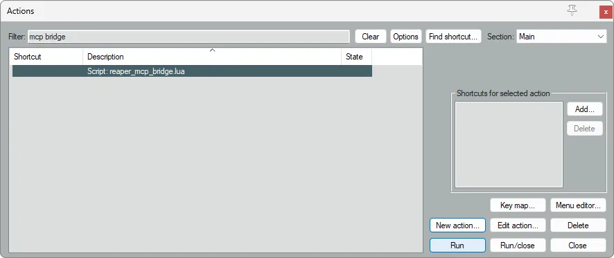The action list filtered to the bridge script, ready to run