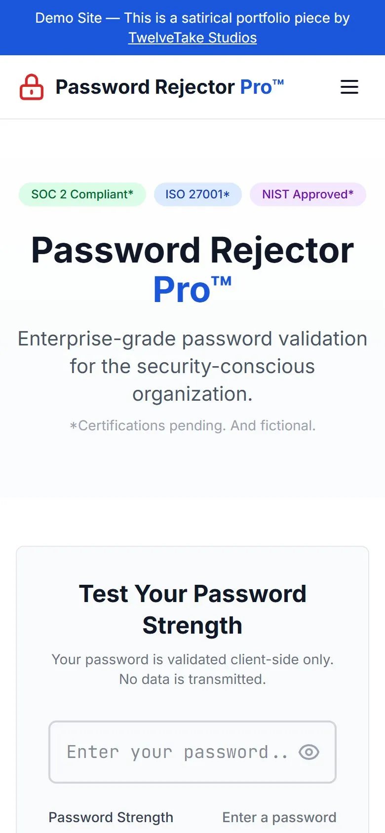 Screenshot of the Password Rejector Pro demo on a phone