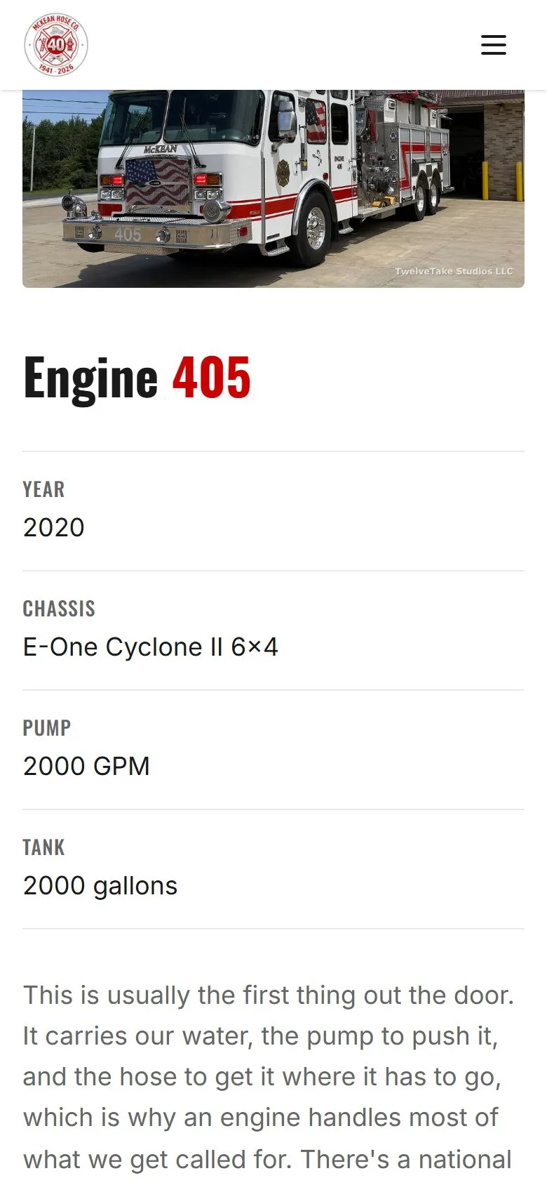 Screenshot of the McKean Hose Company website on a phone