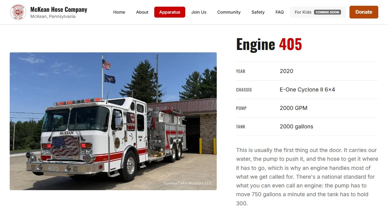 Screenshot of the McKean Hose Company website