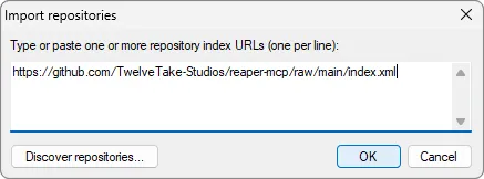 ReaPack's Import repositories dialog with the address pasted in