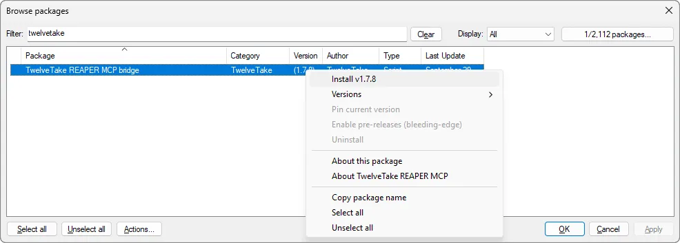 ReaPack's package browser with Install highlighted for the bridge