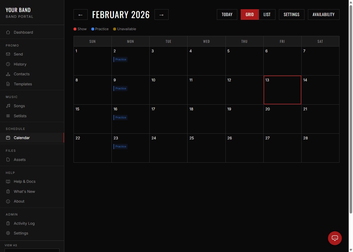 Bandmate shared calendar with events and practice schedules