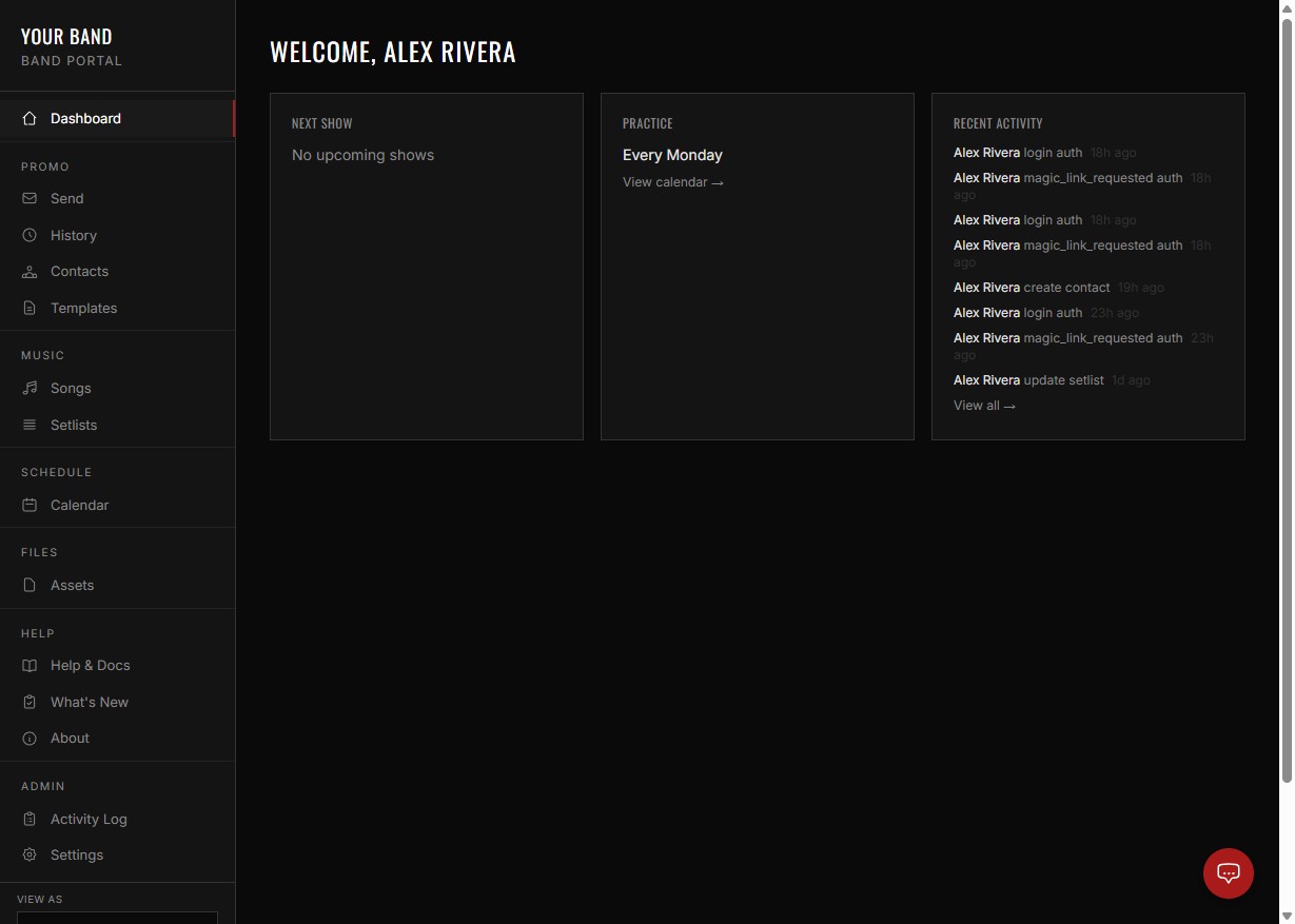Bandmate dashboard showing upcoming shows, practice schedule, and recent activity