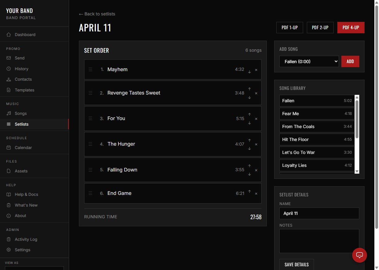 Bandmate setlist builder with drag-and-drop song ordering and running time
