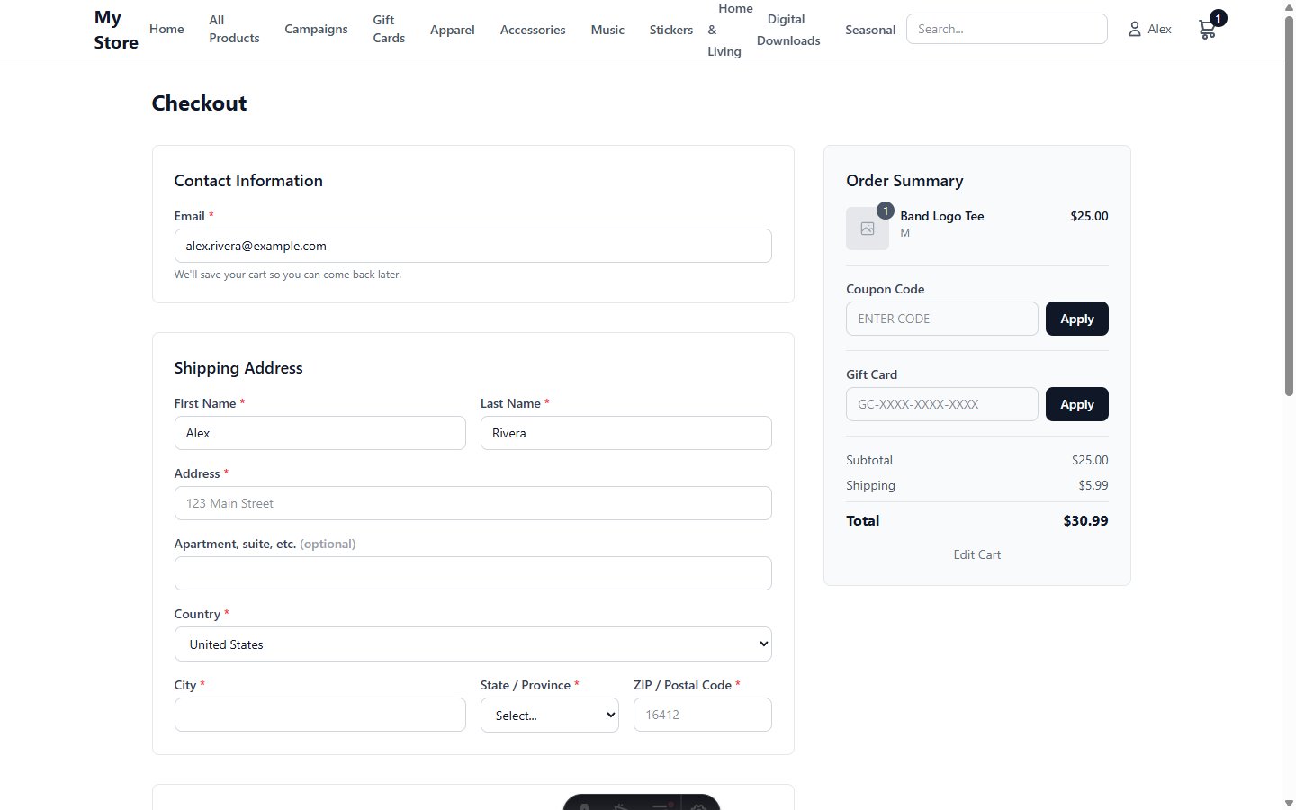 TwelveTake Cart checkout with promotions and gift cards applied