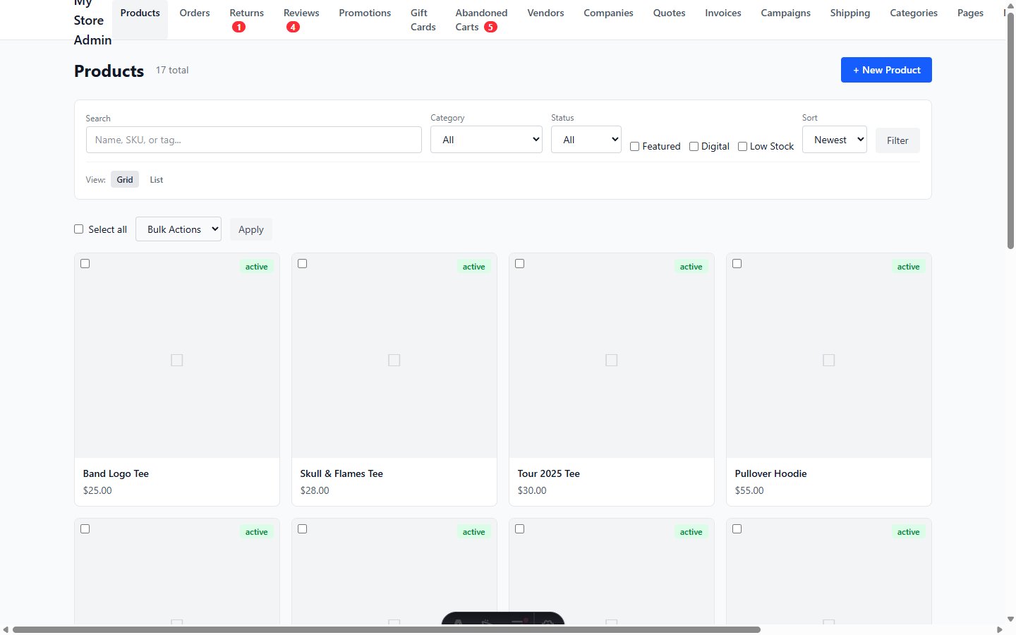 TwelveTake Cart product management interface showing catalog with variants and pricing