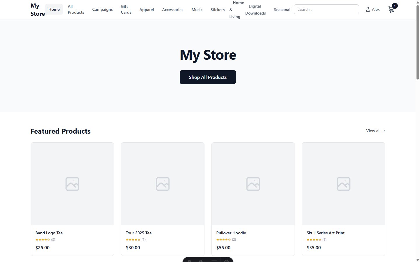 TwelveTake Cart storefront with product browsing and shopping cart